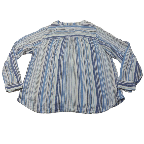 Croft & Barrow Linen Blend Blue Striped Roll Tab Henley Top 2 Patch Pockets L - Picture 3 of 7